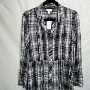 NWT J Jill Sz L Button Front Plaid Shirt Purple White Long Slv Soft Tunic Blouse